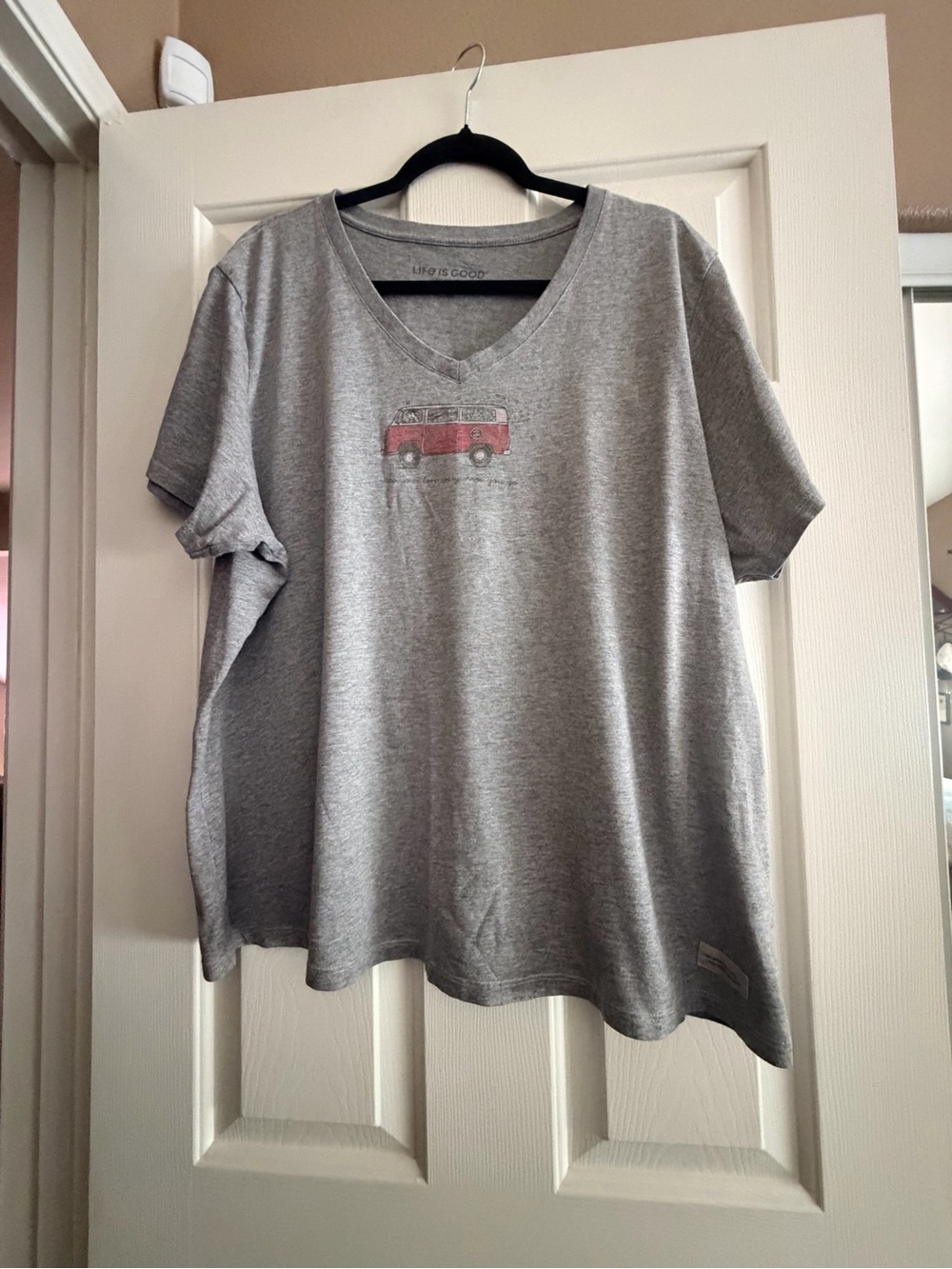 Life Is Good woman’s Gray V-Neck Tee with Red Camper Graphic